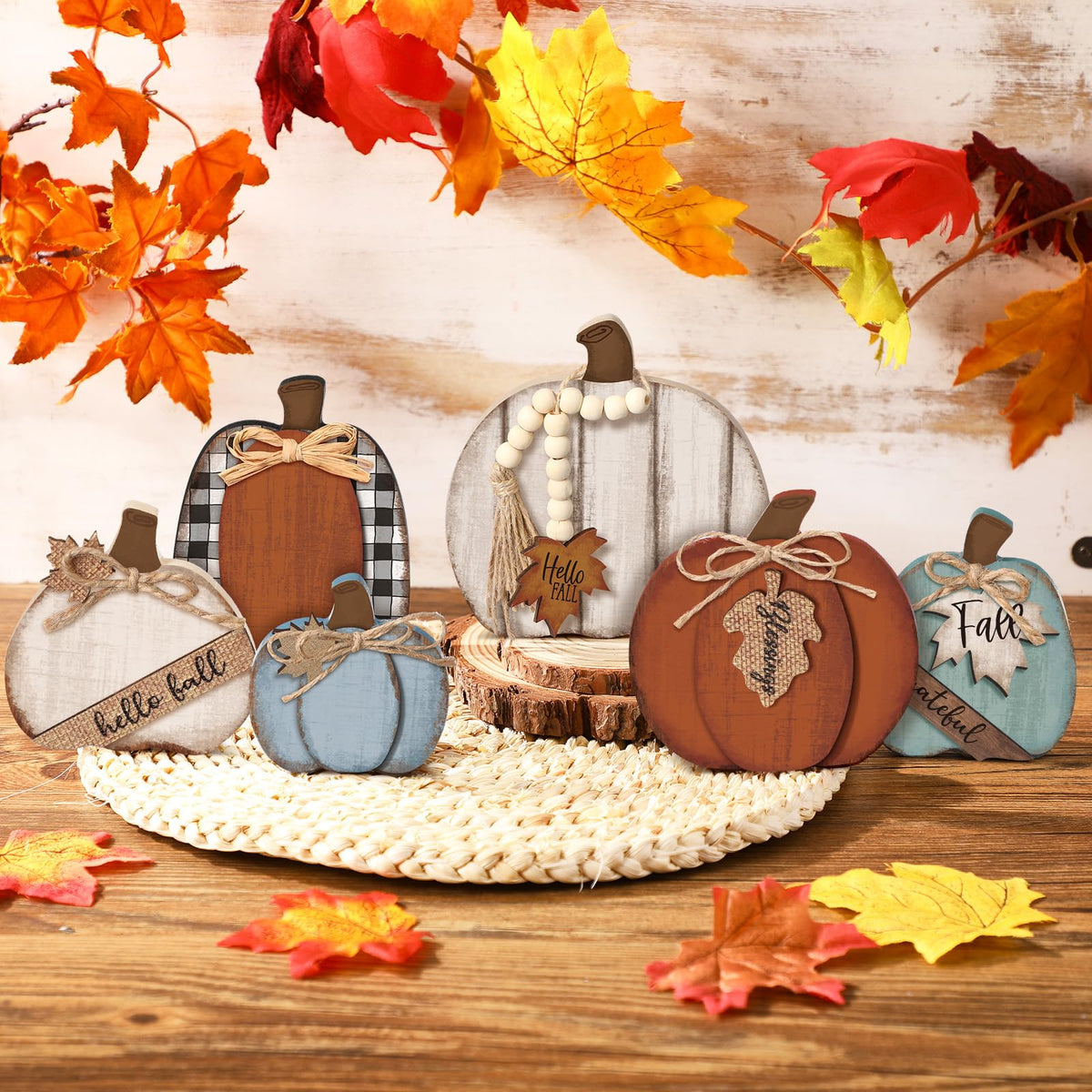 Wonderjune 6 Pcs Fall Decorations Modern Rustic Pumpkin Wooden Sign Autumn Farmhouse Pumpkin Block Table Centerpiece Grateful Blessing Tiered Tray Decor for Fall Thanksgiving Home Office Desk Decor