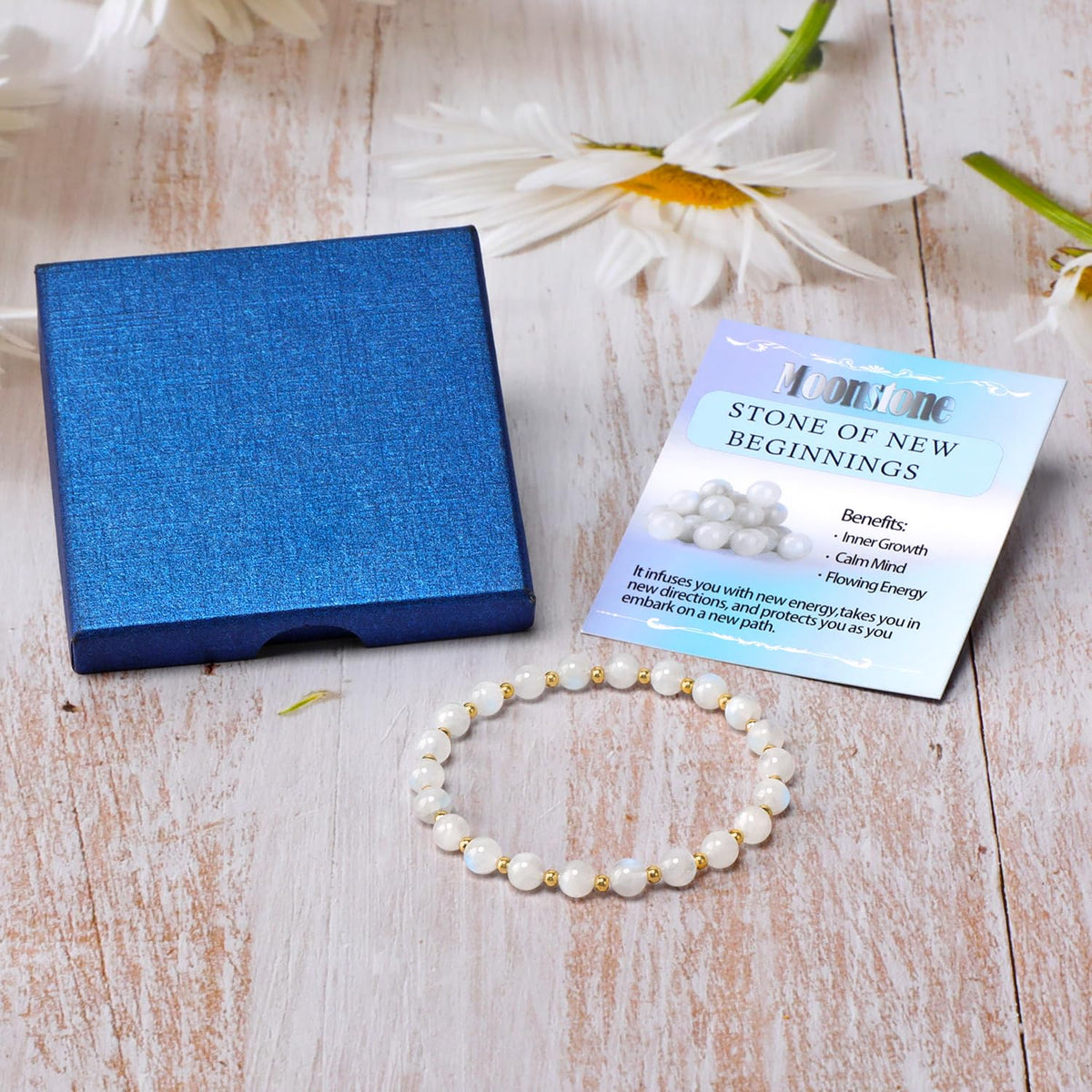 QOGIR Moonstone - New Beginnings - 14K Gold Plated Beads Natural Gemstone Stretch Elastic Dainty Healing Beaded Bracelets Gifts 6mm