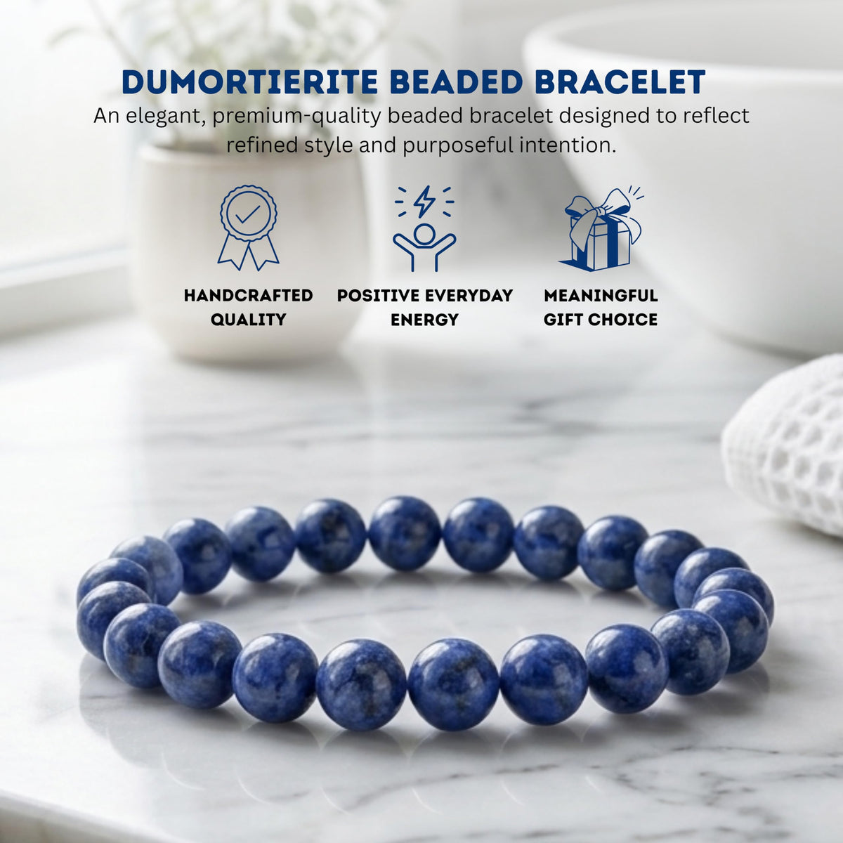 Cherry Tree Collection Dumortierite Beaded Bracelet – Genuine 8mm Gemstone Stretch Bracelet for Men & Women – Handmade Crystal Bracelet - (Dumortierite - M)
