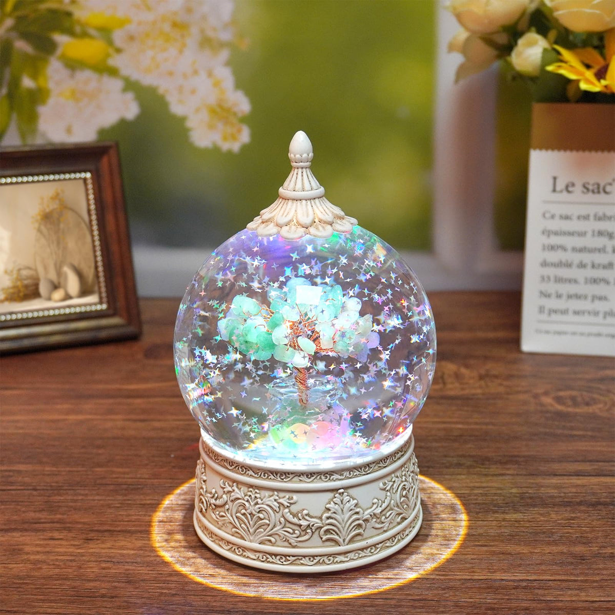 Green Aventurine Healing Crystal Tree Globe Colorful Lights and Glitter, Natural Gemstone Base, Spiritual Meditation, Positive Energy Good Luck, Home Decor, Birthday Gifts (Green Aventurine)
