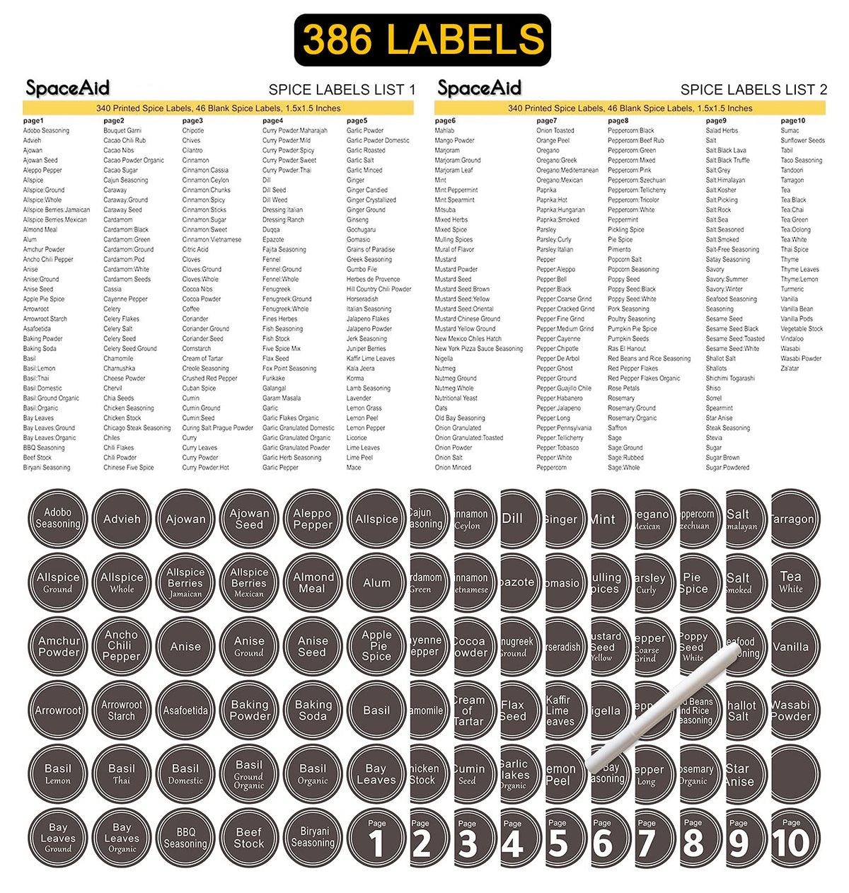 SpaceAid Spice Rack Organizer with 36 Spice Jars, 386 Spice Labels, Chalk Marker and Funnel Set for Cabinet, Countertop, Pantry, Cupboard or Door & Wall Mount - 36 Jars, 17.2" W × 10.8" H, Black