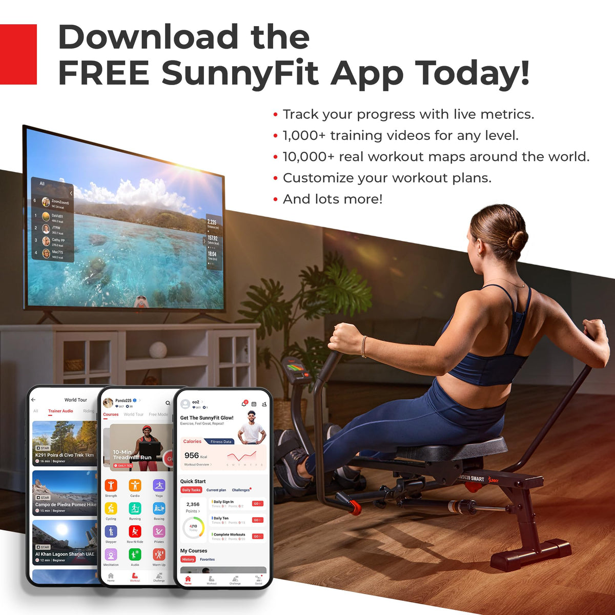 Sunny Health & Fitness Magnetic Rowing Machine with Extended Slide Rail, Full-Body Workout, Low-Impact, Innovative Full Motion or Premium Water Motion and Optional Exclusive Free SunnyFit App