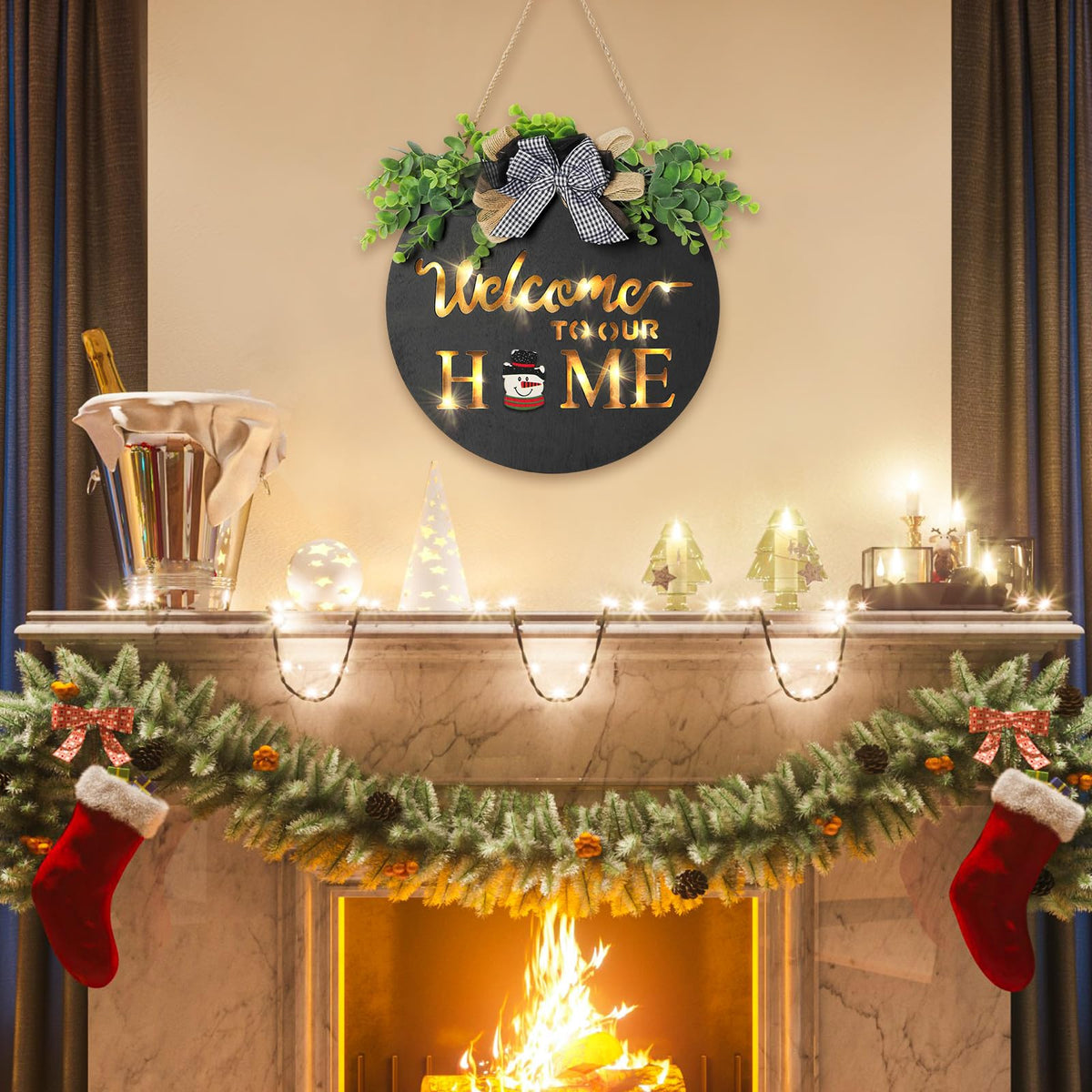 MIPON Interchangeable Welcome Sign for Front Door with LED Light, 17 Changeable Icons 3D Letters, Farmhouse Seasonal Porch Decor Hanging Sign for All Seasons Holiday Decor(Black)