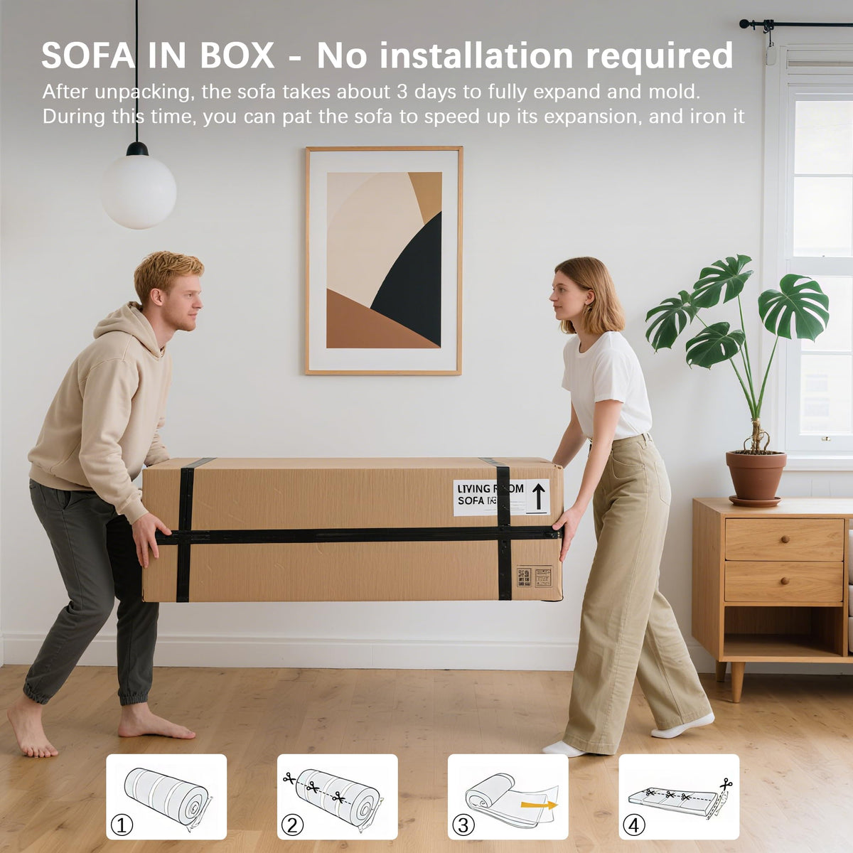 83" Modern Sofa in a Box, No Assembly Oversized 3 Seater 28" Deep Seat Cloud Sofa Bed Couch with 4 Furry Pillows & Corduroy Fabric, Boneless Couch with Side Storage Pockets for Living Room, Light grey