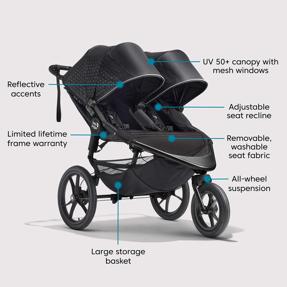 Baby Jogger® Summit X3 Double Jogging Stroller, Side by Side Double Stroller with Smooth Ride for Walking/Jogging, Compact Fold, All-Terrain Air Filled Tires, and All-Wheel Suspension, Midnight Black