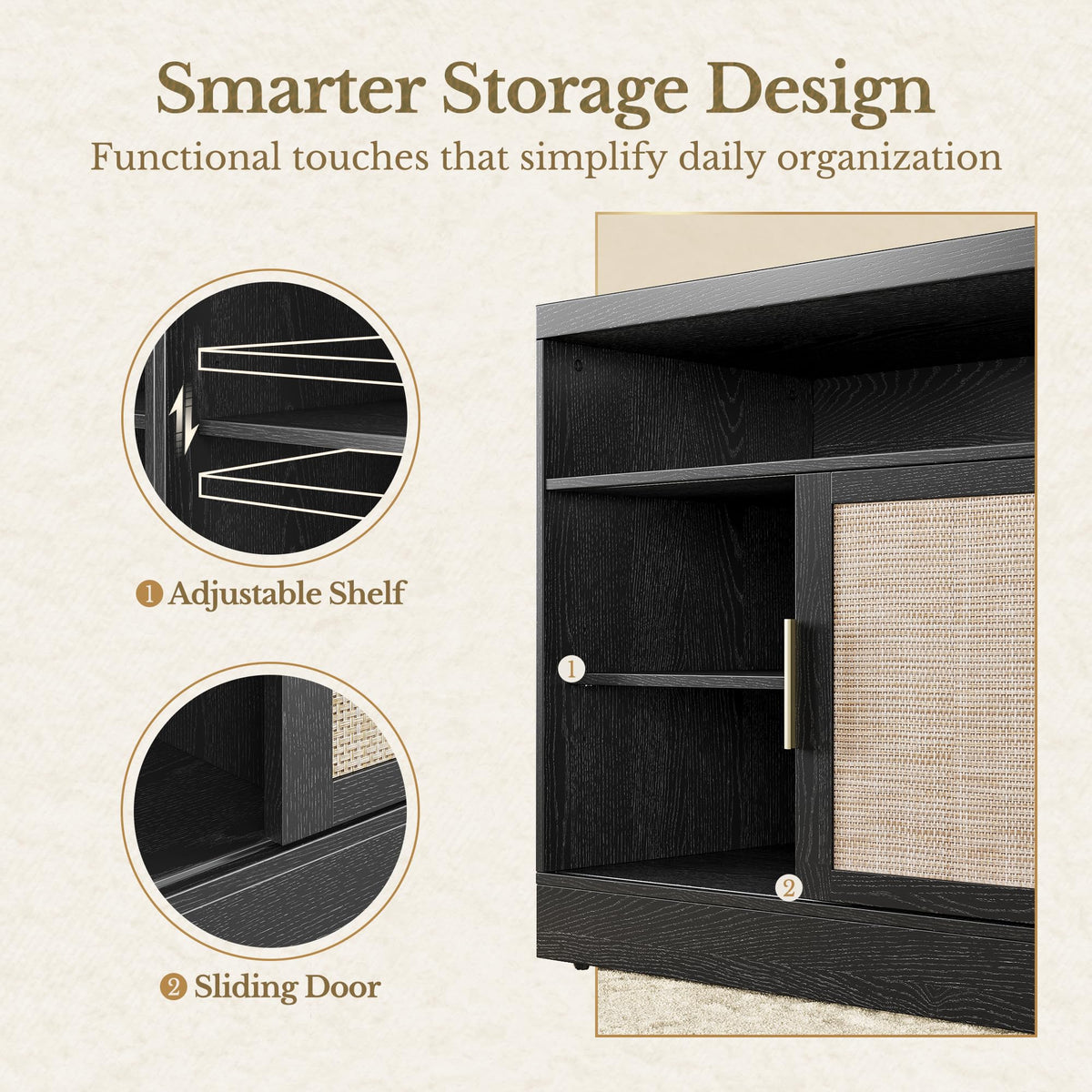 Perledesign Rattan File Cabinet with Door, 32'' Lateral File Cabinet with Open Adjustable Shelves, Wood Filing Cabinet with Sliding Door for Home Office, Black