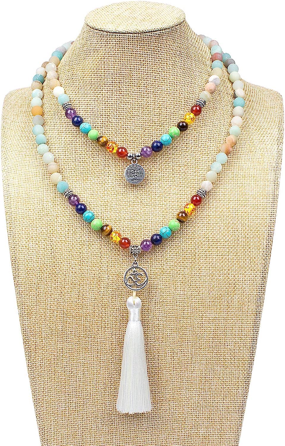 PWMENLK 108 Mala Beads Necklace 7 Chakra Buddhist Prayer Beaded Bracelet Tree of Life Pendant Stone Yoga Necklace(tassel amazonite)