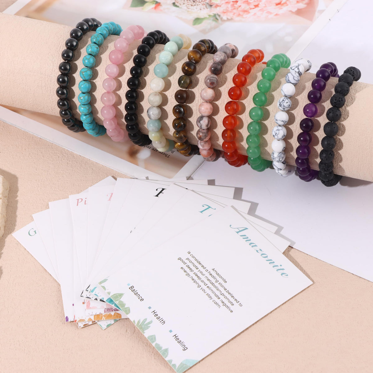 MOZAKA 12PCS Beaded Bracelets for Women Men - 8mm Semi-Precious Gemstone Beaded Bracelets, Crystal Stretch Round Beads Bracelets Unisex Jewelry Gift