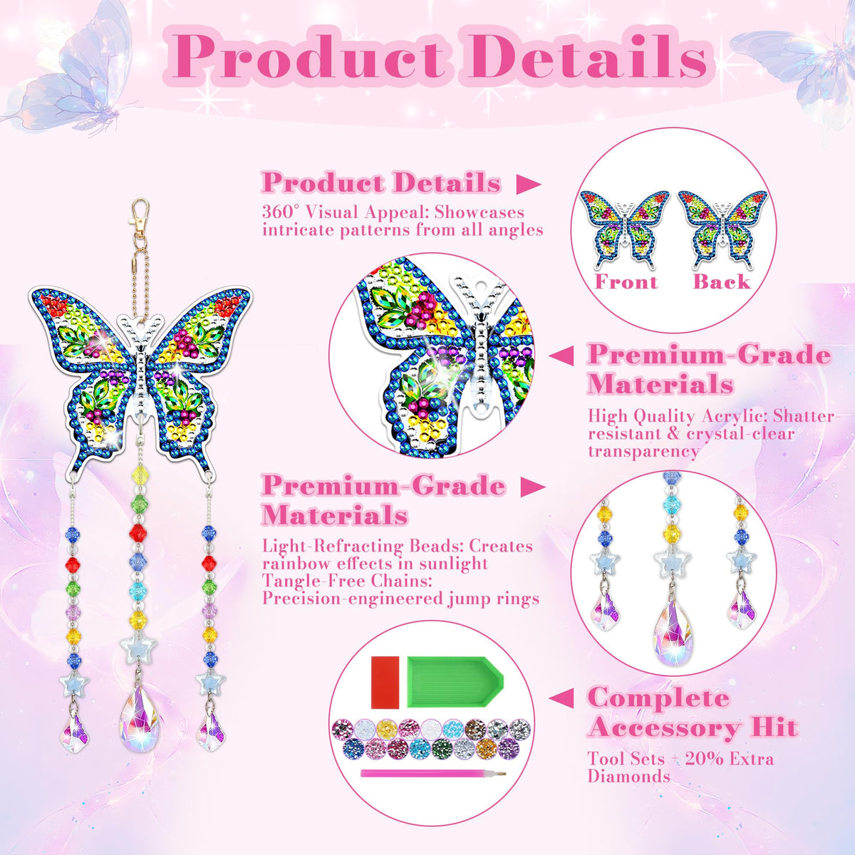 4Pcs Diamond Art Kits for Kids/Adults, Crafts for Kids Ages 8-12, Birthday Gifts for 6 7 8 9 10 11 Year Old teen Girl, Diamond Painting Kits wind chimes Crystal Window Suncatcher, Home Garden Decor