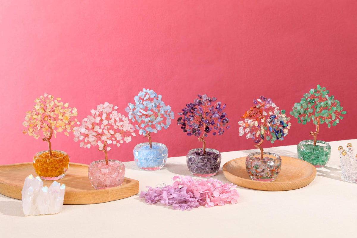 Top Plaza Healing Crystals Rose Quartz Crystal Tree with Glass Base Handmade Natural Gemstone Life Tree Mini Bonsai Money Trees Good Luck Home Office Desk Decor