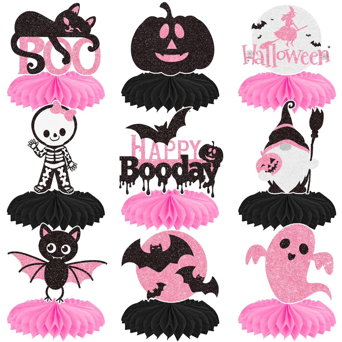 Halloween Happy Boo Day Honeycomb Centerpieces 12PCS Pink Black Little Boo Baby Shower Decorations Halloween Birthday Party Table Centerpieces Ghost Pumpkin Decor for Gender Reveal Suuplies