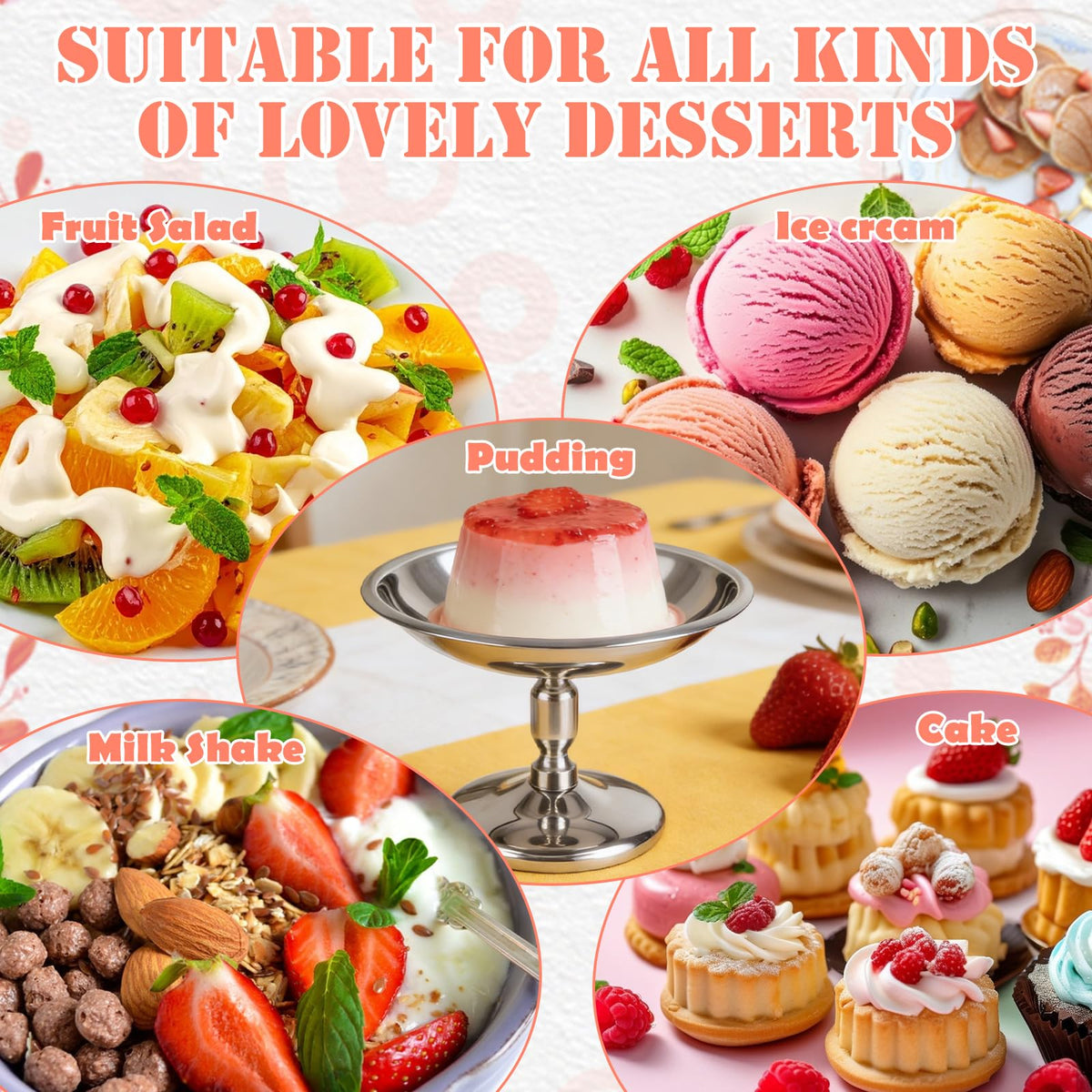 ZUQIAN 4 Pack Ice Cream Cups, Ice Cream Bowl, Stainless Steel Dessert Cups Serving Dessert Cup Round Sauce Bowls for Pudding Dessert Frozen Yogurt Fruit