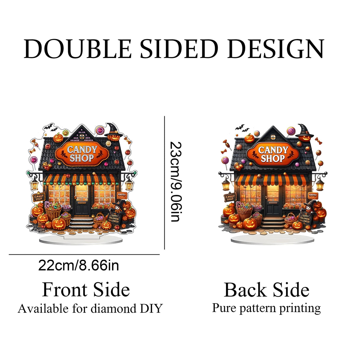 JJFox DIY 5D Tabletop Diamond Art Painting Kit, Desktop Ornament Special Shaped Rhinestone Desk Placement Ornament,Home Stand Up Gem Painting Craft Kit,Gift (Halloween Candy Shop)