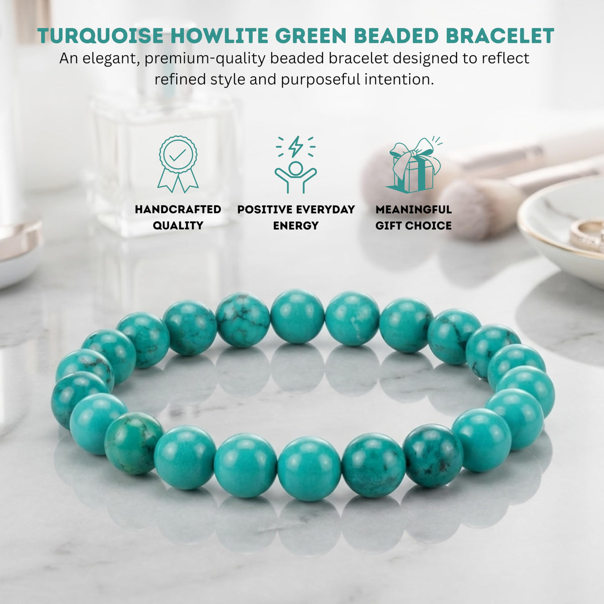 Cherry Tree Collection Turquoise Howlite Green Beaded Bracelet – Genuine 8mm Gemstone Stretch Bracelet for Men & Women – Handmade Crystal Bracelet - (Turquoise Howlite Green - M)
