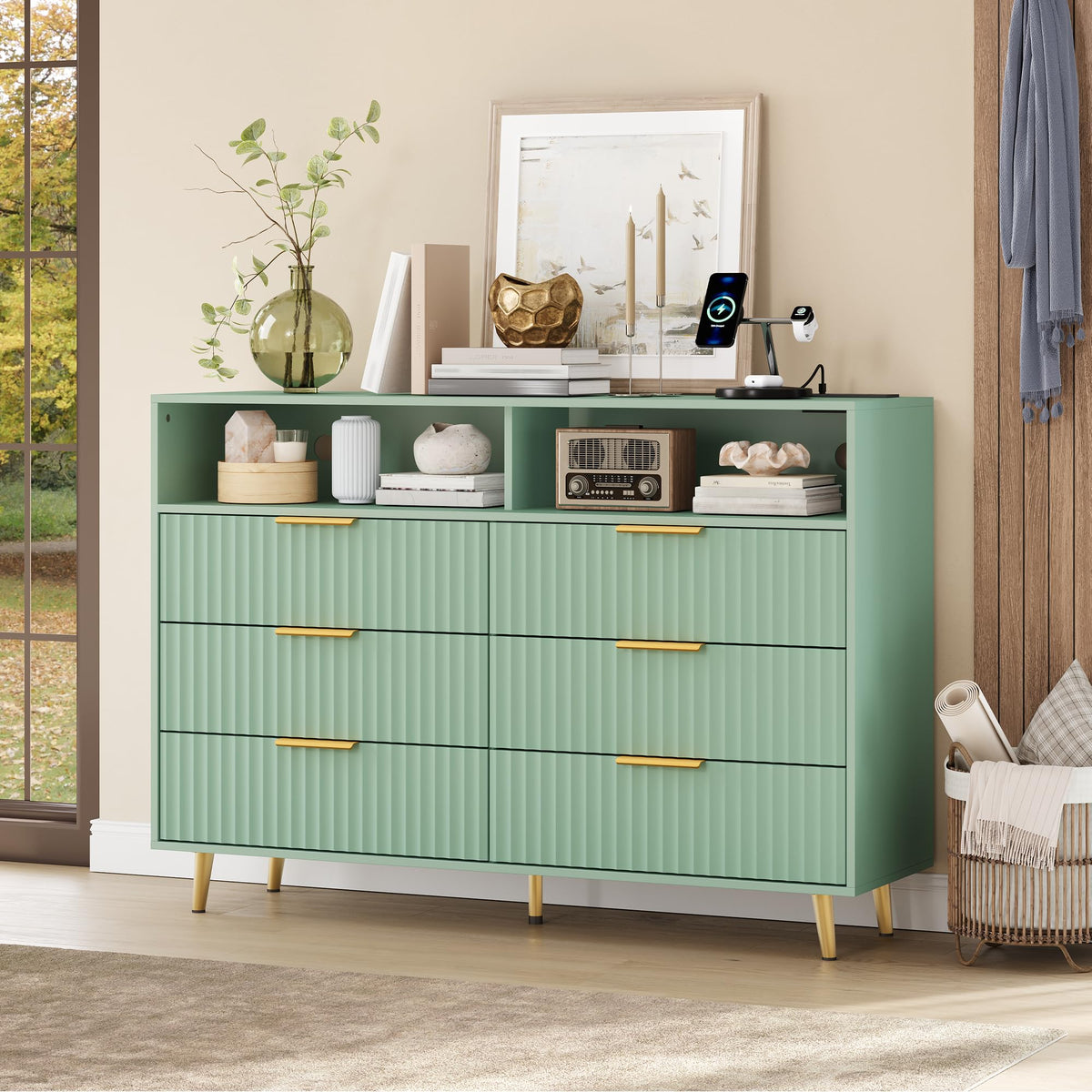 6 Drawers Dresser for Bedroom, 53.9" Wide Dressers with LED Lights and Charging Station, Curved Profile Design, Fluted Wood Drawers with Gold Handle, Modern Chest of Dressers for Living Room, Green