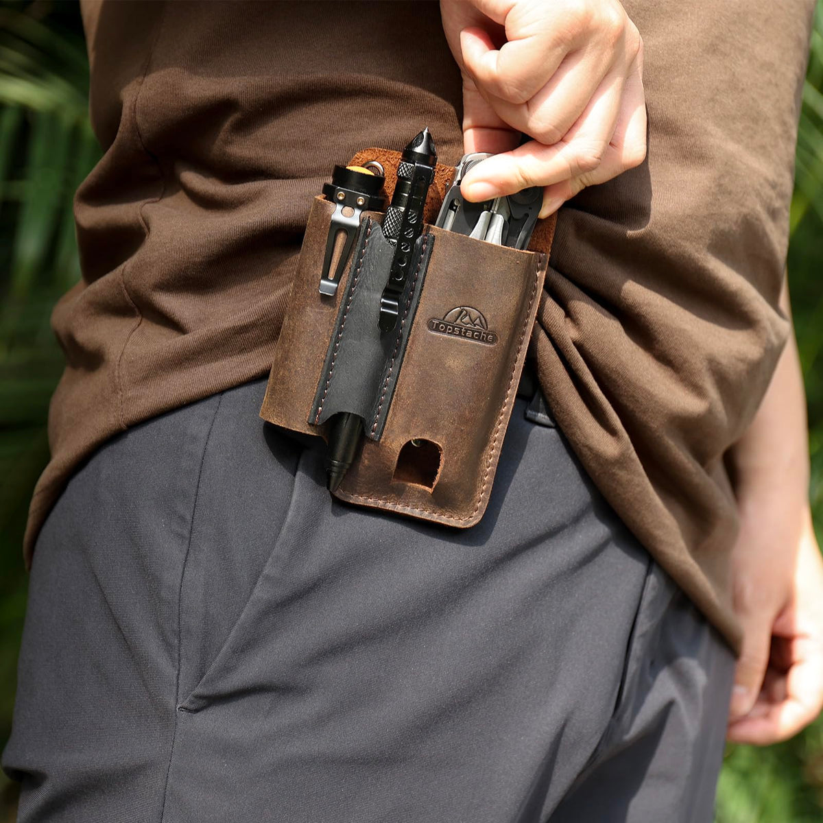 Topstache Leather Multitool Sheath with Belt Clip - Multitool Holster for Belt - EDC Belt Organizer Fits, Flashlight, Pen - Leather Pouch - Holder, Dark Brown