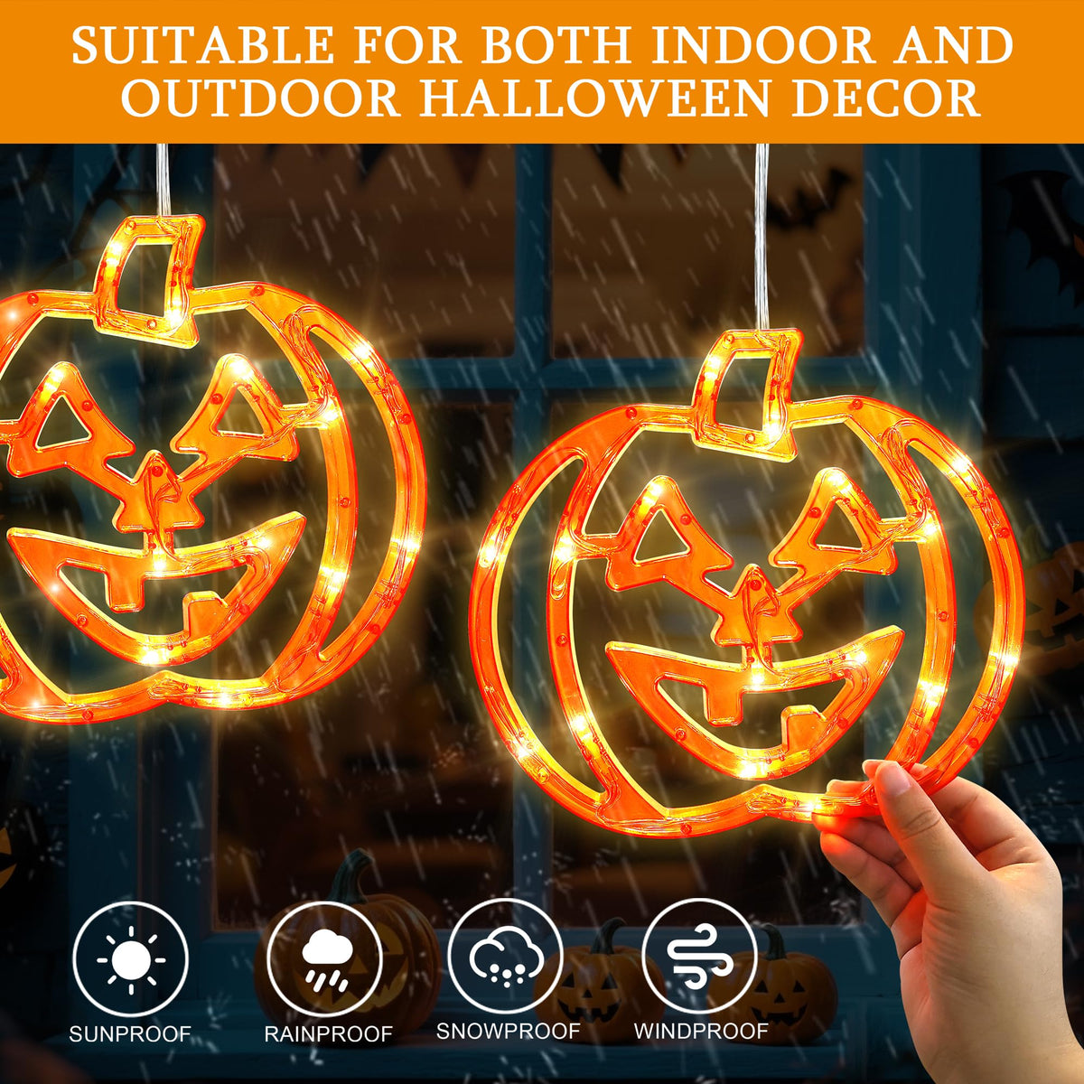 Qunlight Halloween Window Lights,3 Pack 48LED Pumpkin String Light with Battery Operated,Timer Memory Hanging Orange Halloween Light for Spooky Decor Outdoor Indoor Curtain Home Party Gift