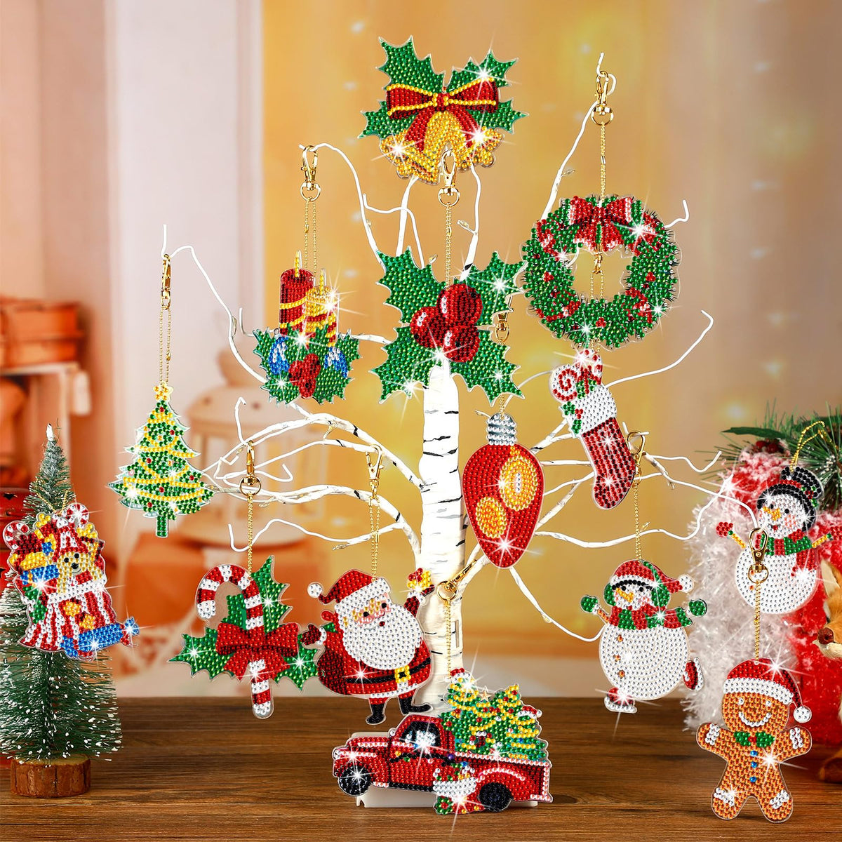 Equsion 14 Pcs Christmas Diamond Art Ornaments Christmas Diamond Painting Keychains Kits Double Sided Hanging Art Key Ring Painting Ornaments 5d DIY Craft Gifts Family Home Decor Rhinestone Pendant