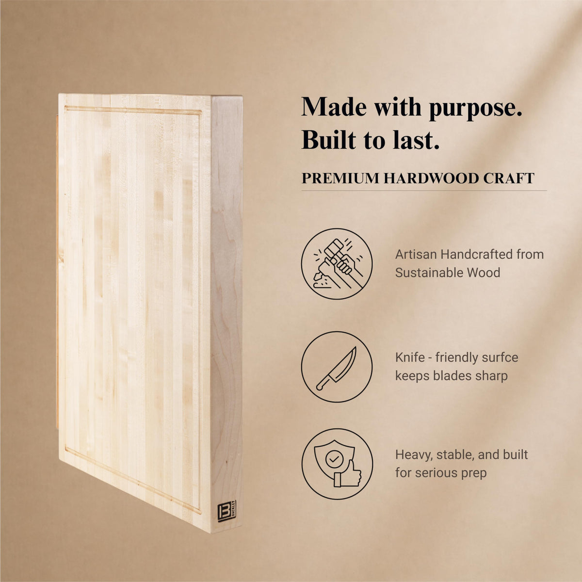 Backley Cutting Board For Kitchen - Extra Thick Wooden Chopping Board, Reversible Carving Board - Big Bad Block Maple - 15"x24"x2.25"