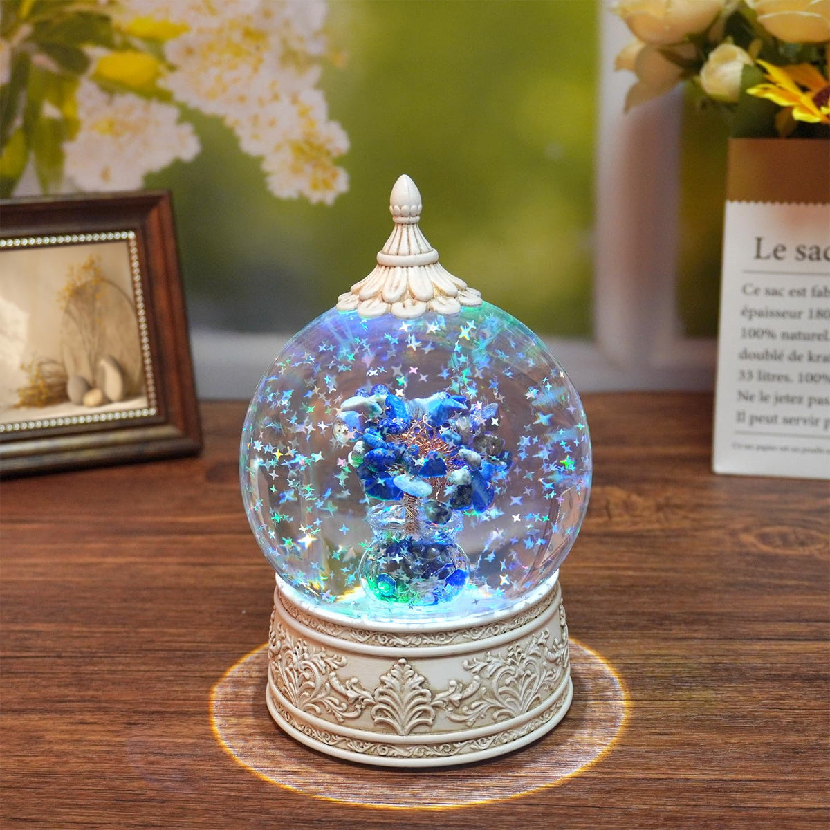 Lapis Lazuli Healing Crystal Tree Globe with Colorful Lights Sparkling Glitter, Natural Gemstone Base, Spiritual Meditation, Positive Energy Good Luck, Home Decor, Birthday Gifts (Lapis Lazuli)