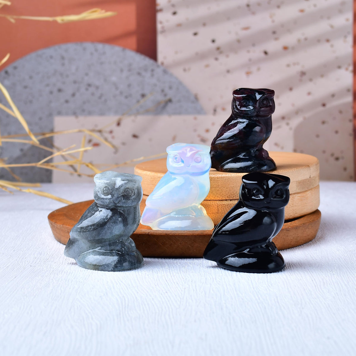 WUYOUSHI Moonstone Crystal Owl Figurine Hand Carved Lucky Stone Statue for Healing Home Office Decor Spiritual Gift for Women Men