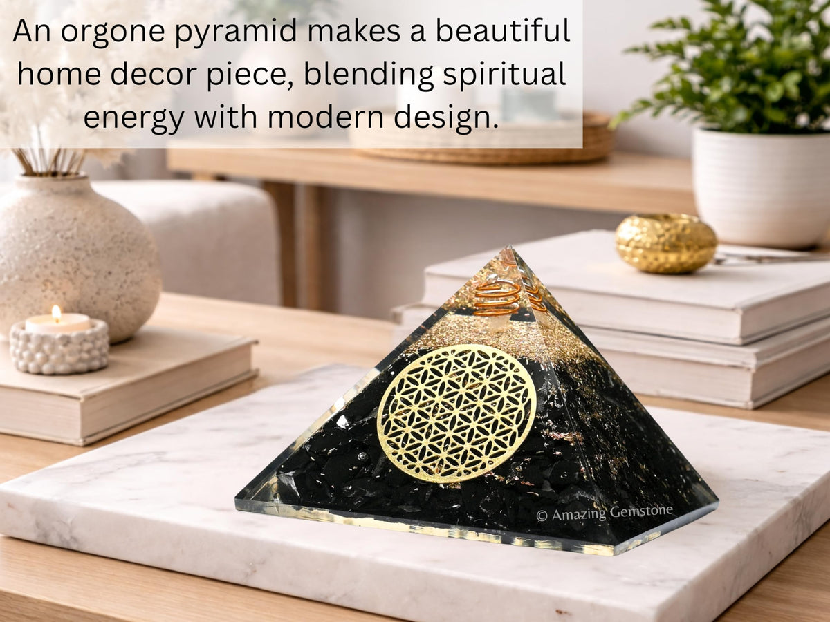 Amazing Gemstone Large Black Tourmaline Orgone Pyramid Crystal, Flower of Life Orgonite Pyramid - Positive Energy Healing