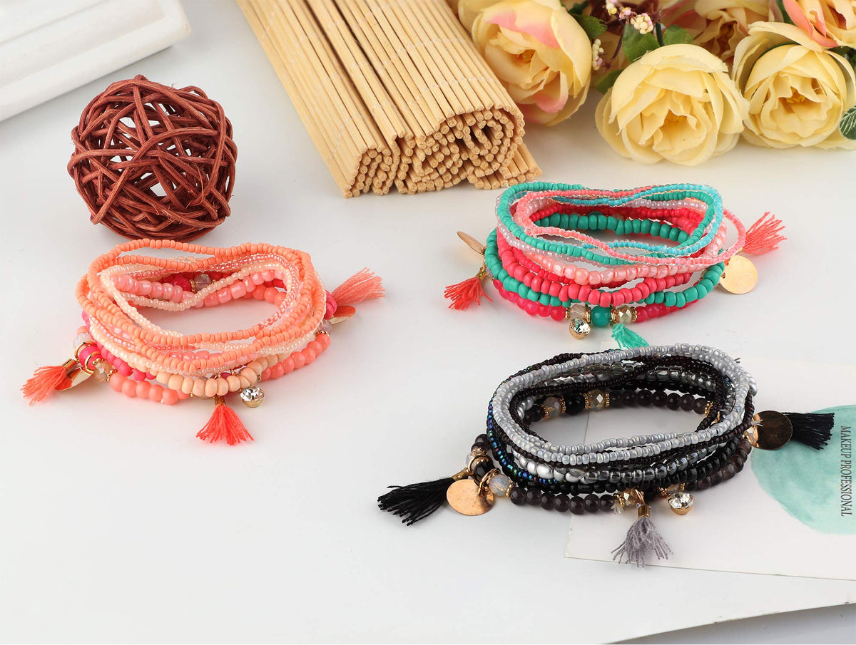 MILACOLATO 6Sets Boho Bead Bracelets Set Multilayered Stackable Bracelets Comfortable Stretch Bracelets Multicolor Bohemian Charm Bracelets for Women Men