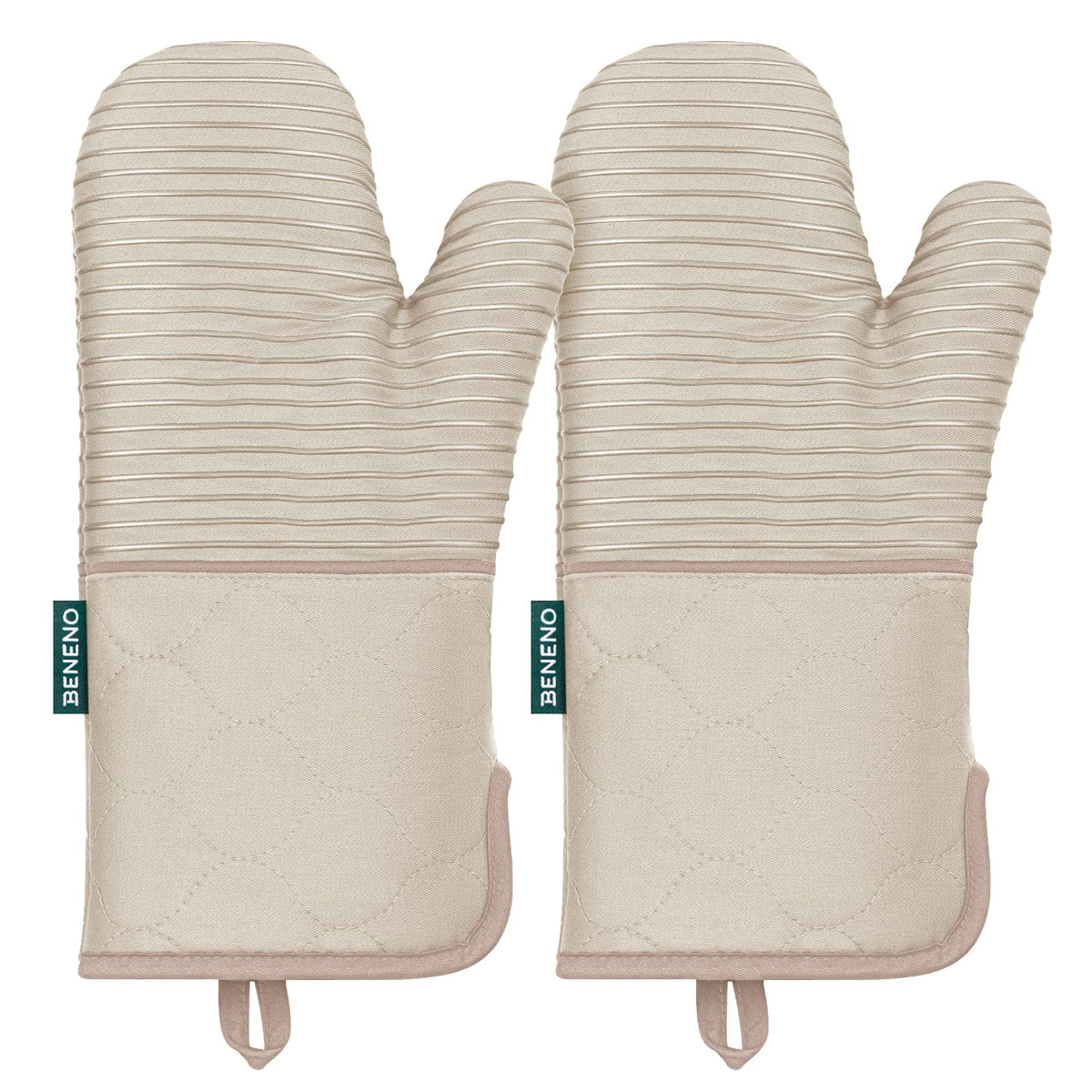 Beneno Kitchen Oven Mitts 2-Pack Heat Resistant to 500°F with Non-Slip Silicone Grip, Extra Long 14.3" Forearm Protection, Soft Quilted Cotton Terry Lining, Ideal for Cooking, Baking, Grilling, Beige