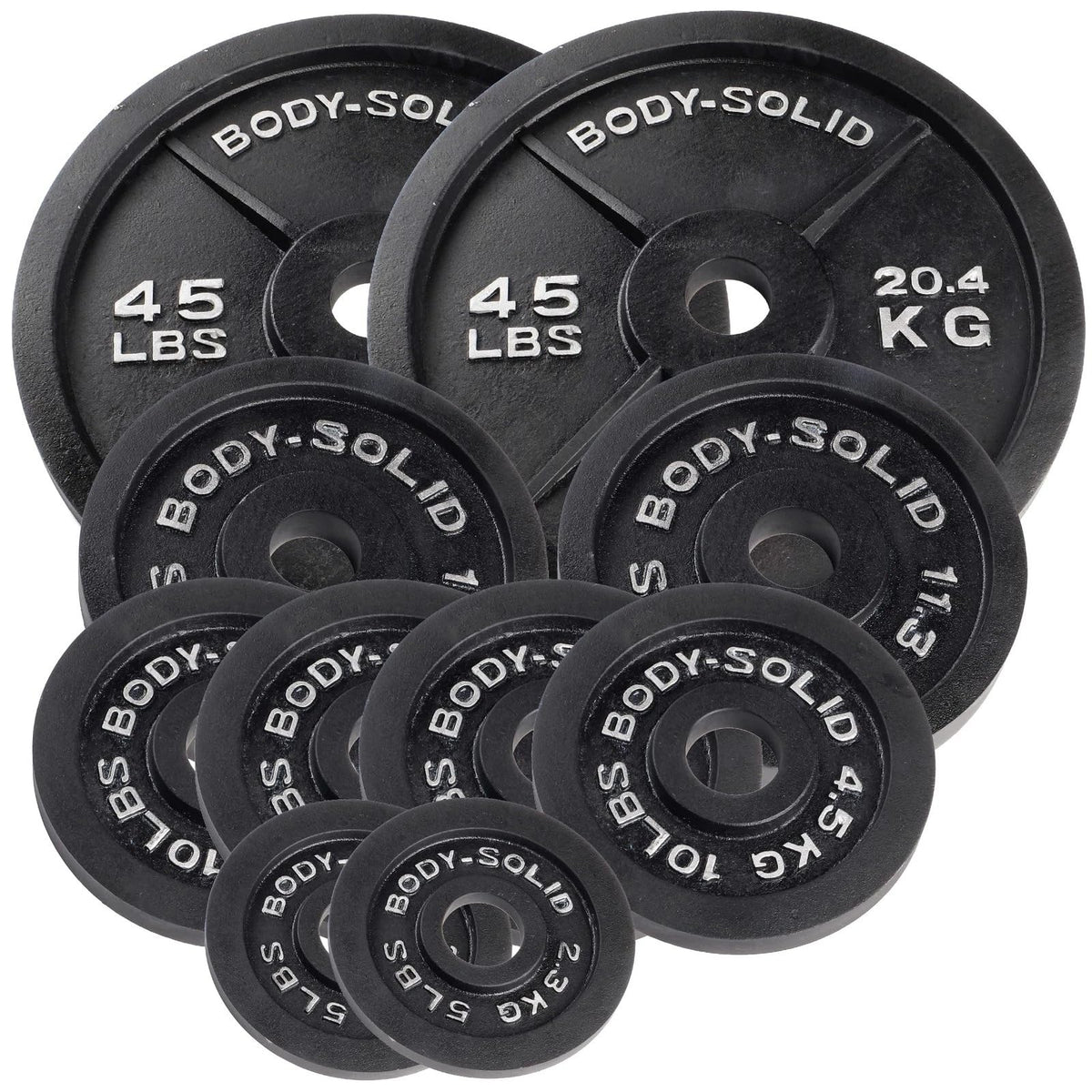 Body-Solid Cast Iron Olympic Weight Plate Set, Free Weights Dumbbell Plates with 2 Inch Standard Hole for All Olympic Barbell Types, 190 lb Total Weight Sets, Midnight Black