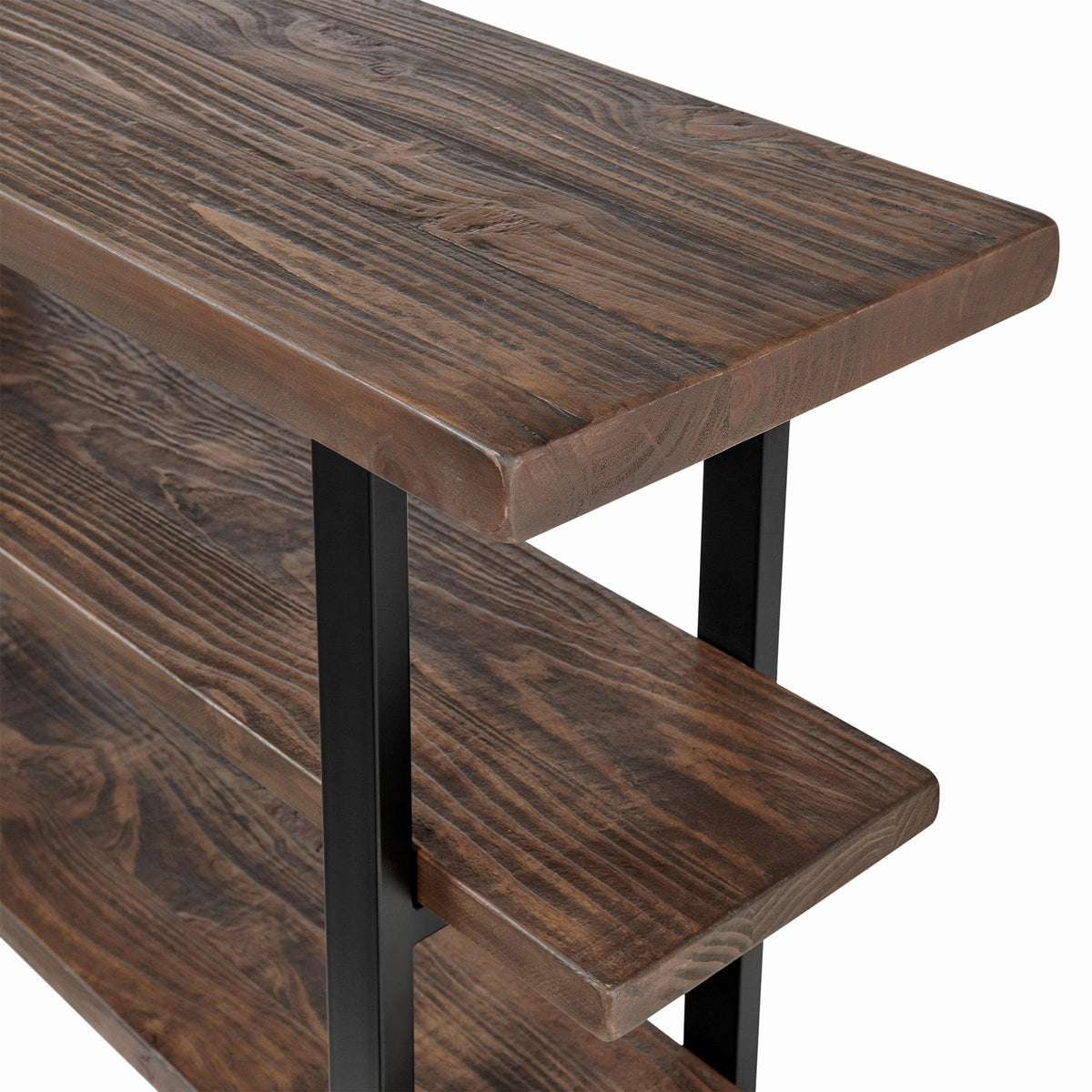 Alaterre Furniture Pomona 3-Tier Solid Wood Media Console Table with 2 Open Shelves and Metal Legs - Rustic Industrial Farmhouse TV Stand and Storage Console (Rustic Brown)