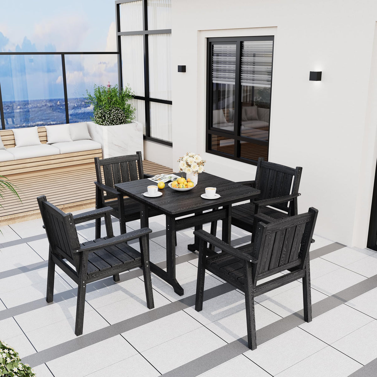 Pamapic 5 PCS Outdoor Dining Set, Spacious HDPE Outdoor Table and Chairs, Wood Grain Patio Furniture Sets with Elegant Armrest, All-Weather Patio Dining Table with Umbrella Hole, Black