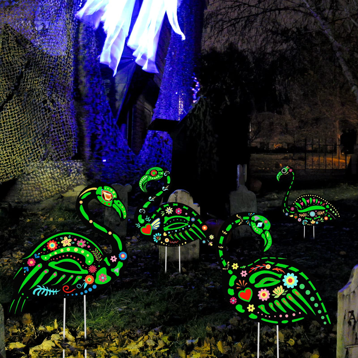 Amyhill 4 Pcs Halloween Glow in The Dark Skeleton Flamingo Yard Ornament with Stake Flamingo Outdoor Lawn Decor Scary Plastic Skeleton Yard Sign for Party