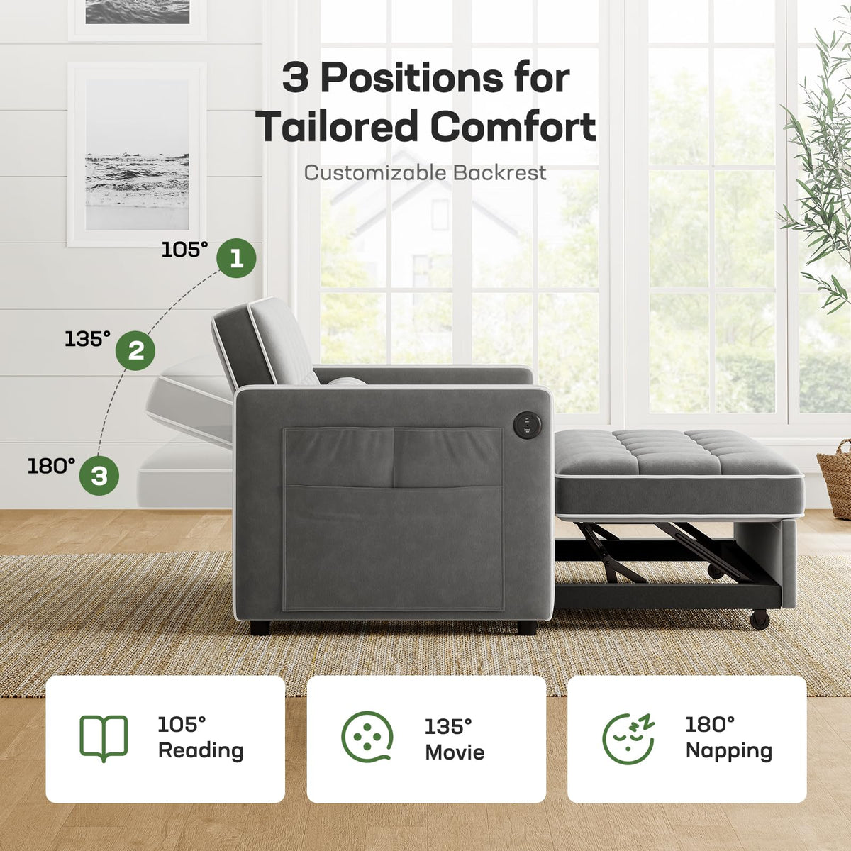 Marsail 3-in-1 Convertible Futon Sleeper Sofa Bed, Pull Out Couch with Adjustable Backrest, USB Charging & Side Pockets, Velvet Fabric Sofa for Living Room, Apartment, Loveseat, Grey