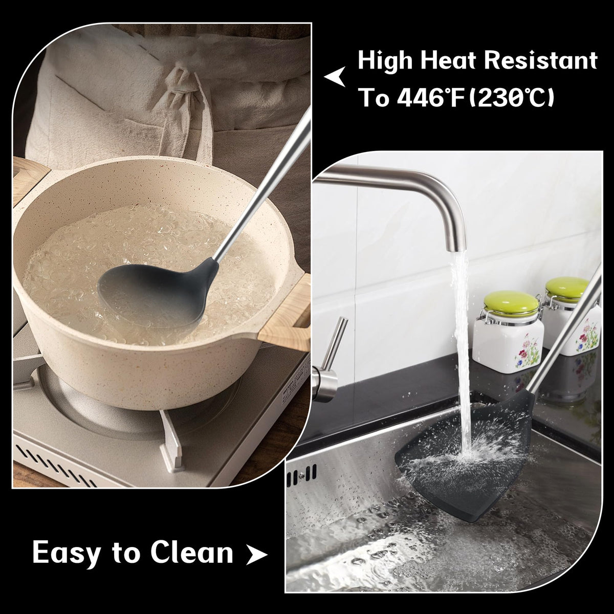 FJNATINH Silicone Spatula - Ladle - Skimmer Wok Tool Set,Stainless Steel Non Stick Heat-Resistant Cooking Utensils BPA Free Kitchen Utensils Cookware with Wooden Handle, Pack of 3