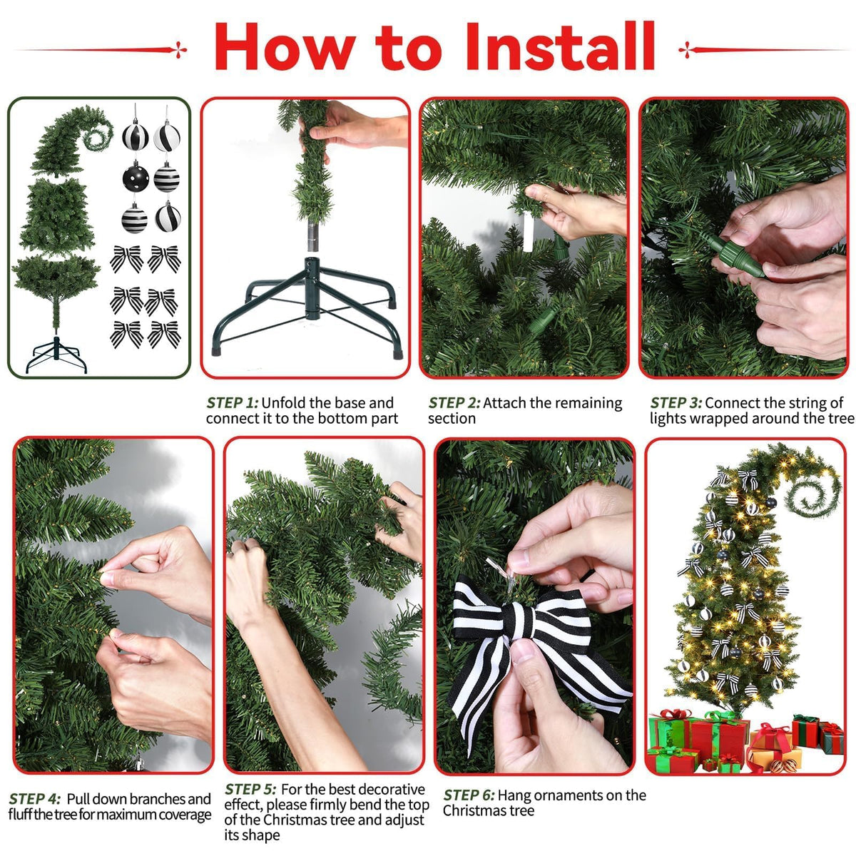 32Pcs 6 FT Christmas Tree with Light and Nightmare Ornament Ball Before Bendable Whimsical Christmas Tree with Black White Bow Ball 8 Modes String Light Crooked Bent Top for Home Decor (Green)