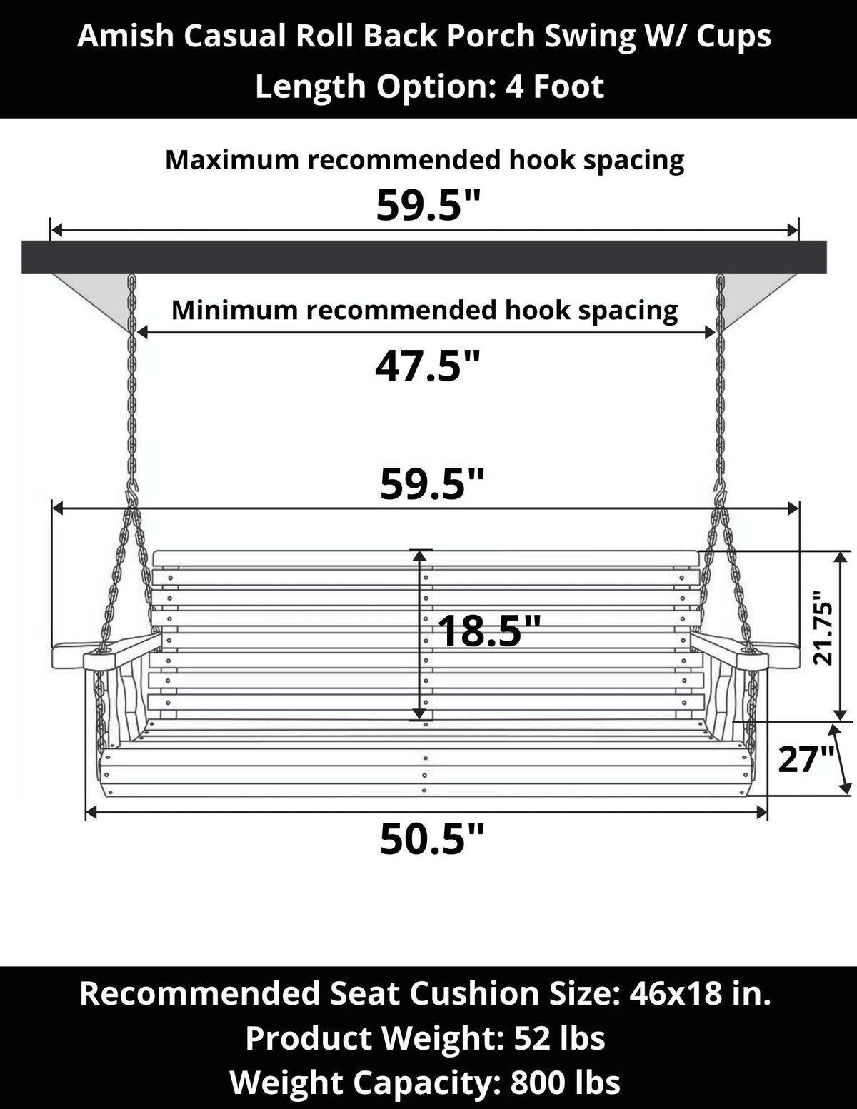 Amish Casual Heavy Duty 700 Lb Capacity Porch Swing with Cup Holders (4 Foot, Cedar Stain) – Wooden Outdoor Roll Back Swing with Hanging Chains – Amish Made in the USA