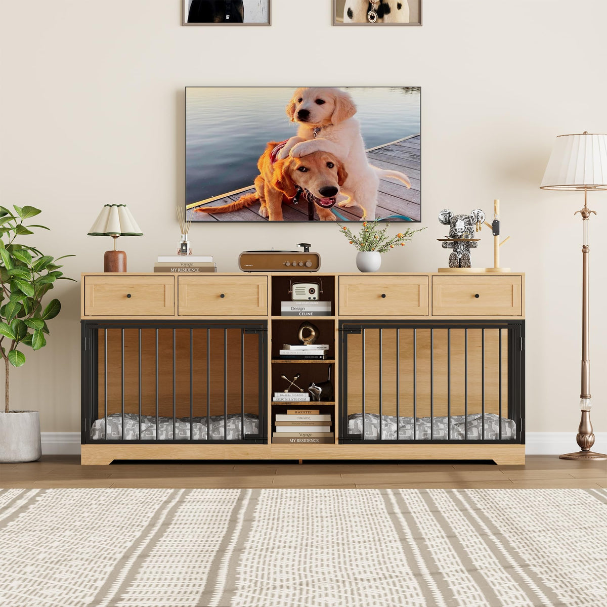 Garvee Double Dog Crate Furniture, 82'' Large Dog Kennel Indoor with 4 Drawers and Shelves, Heavy Duty Wooden Dog Crate TV Stand for 2 Large Medium Dogs, Natural