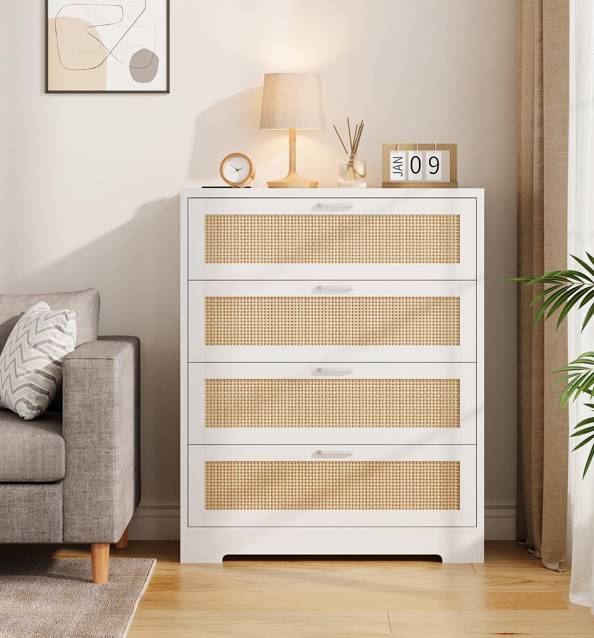 GarveeHome Rattan Dresser, Tall Chest of Drawers, Wood Dresser for Bedroom, Closet, Living Room, Hallway (White, 15.8" D x 31.5" W x 38.6" H (4 Rattan Drawers))
