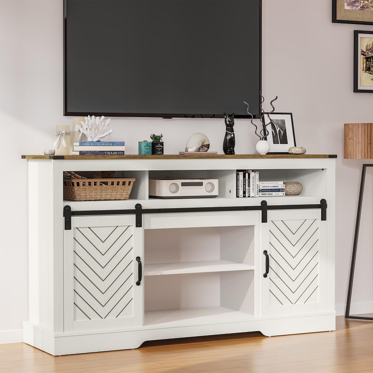 May in color Farmhouse Fireplace TV Stand for 65+ TV, 34" Tall Rustic TV Console with Sliding Bar Door, Entertainment Center with 23" Electric Fireplace with Remote for Living Room, White and Wood Ton
