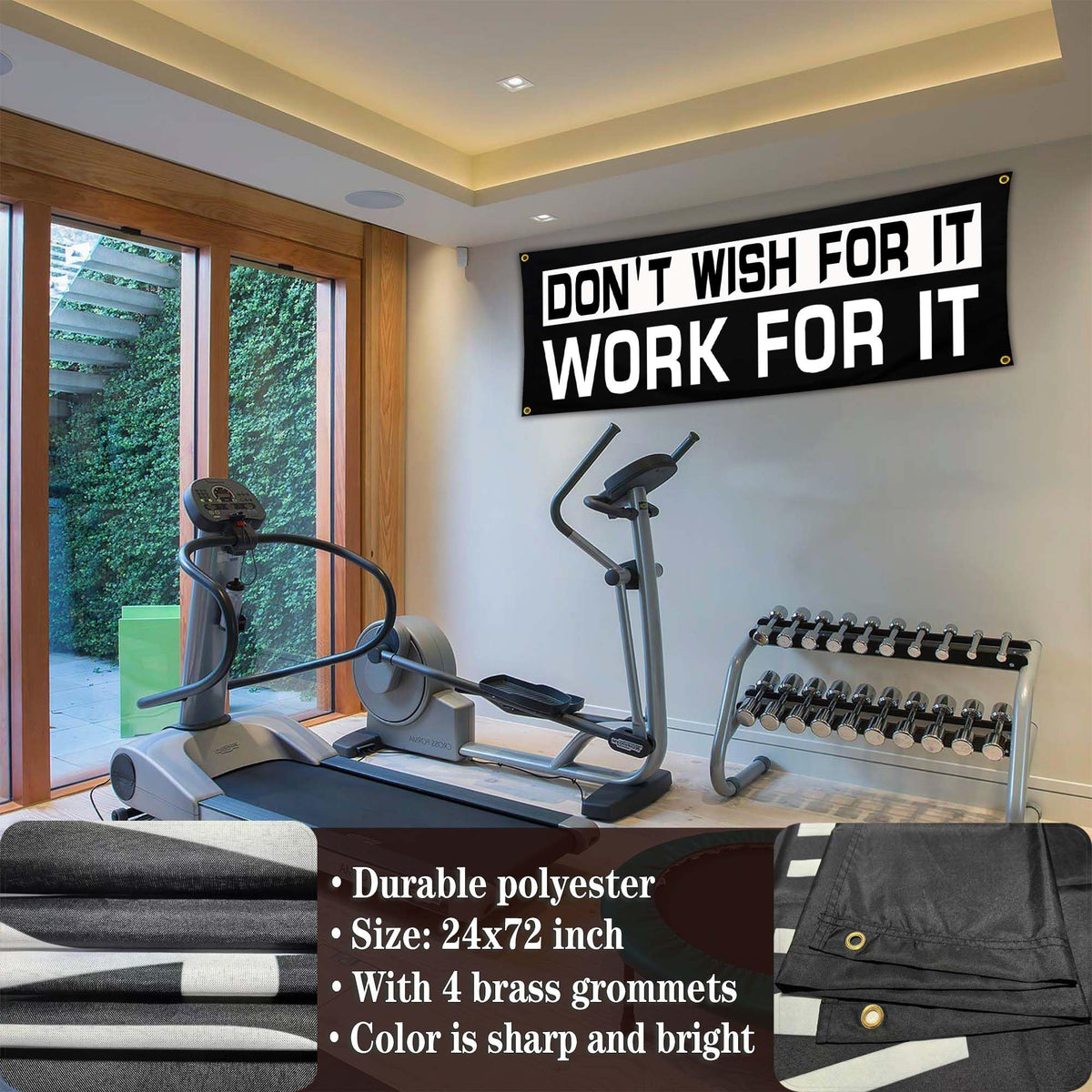 Bomtas Motivational Gym Posters Banners Flags for Home Gym Room Guys Office Bedroom Don't Wish for it Work for it Inspirational Flag Banner 24x72 Inch Motivation Wall Art Decor