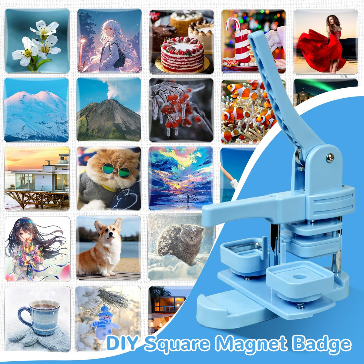 Vanttokeey Square Button Maker Machine 2x2 Inch (50mm x 50mm), Fridge Magnet Badge Maker Press Kit with 100 Sets Square Pin Making Supplies, for DIY Crafts and Home Projects (Blue)