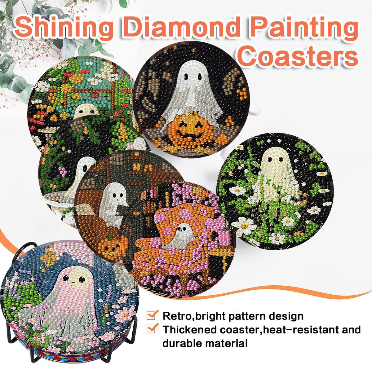 ijbnhd 8 Pack Halloween Diamond Art Coasters Kits, Halloween Diamond Painting Coasters Kit with Holder, DIY Ghost Diamonds Art Non Slip Coaster Crafts Kits for Adults Gifts 4x4 inch (Cork Wooden Pad)
