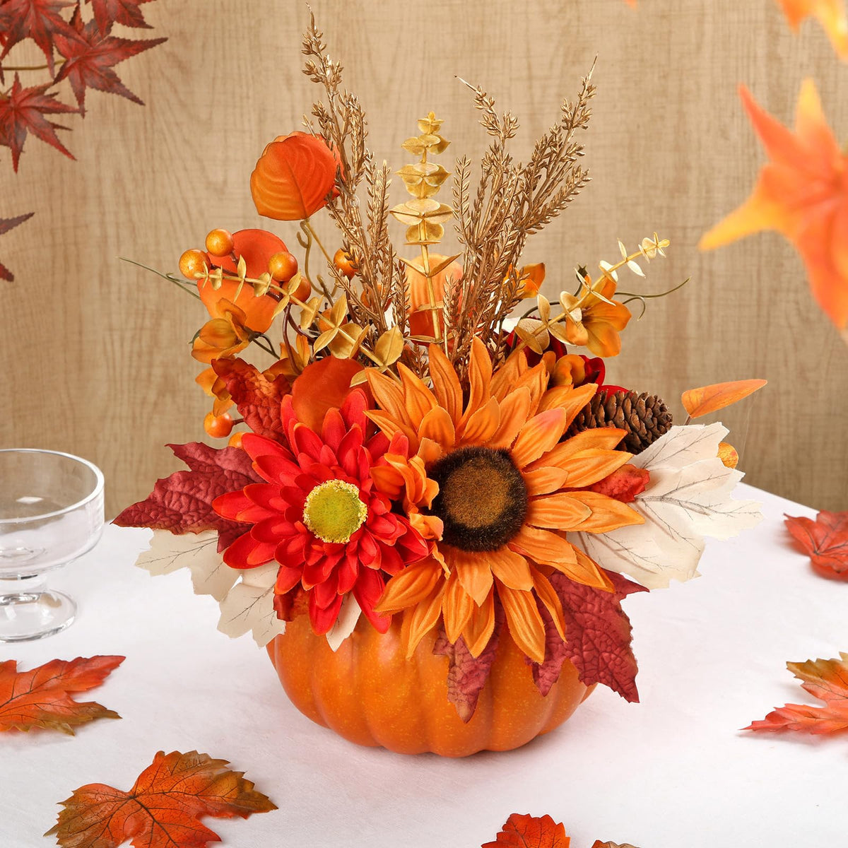 Arborus Artificial Pumpkin Fall Décor - Autumn Table Centerpieces with Red Faux Flowers, Maple Leaves, Sunflowers, Pumpkin – Halloween, Thanksgiving & Harvest Home Decoration