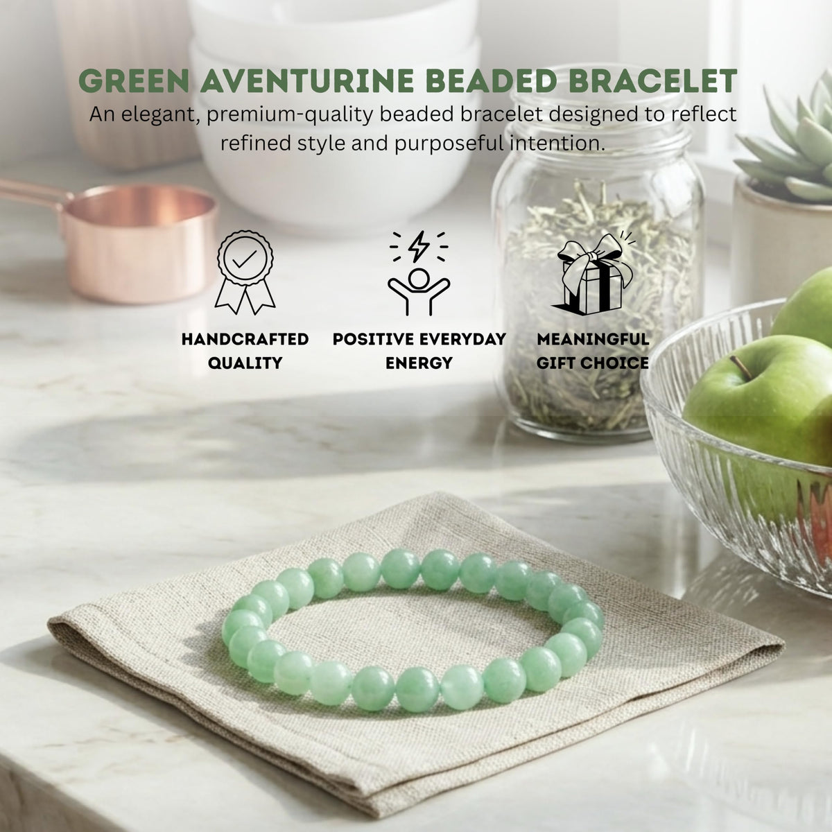 Cherry Tree Collection Green Aventurine Beaded Bracelet – Genuine 8mm Gemstone Stretch Bracelet for Men & Women – Handmade Crystal Bracelet - (Green Aventurine - M)