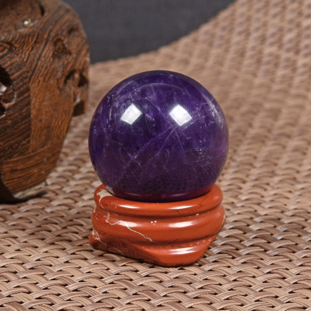 Justinstones Natural Polished Amethyst Sphere with Red Jasper Stand – Handcrafted Gemstone 30mm Ball for Energy Healing, Meditation, and Home Décor