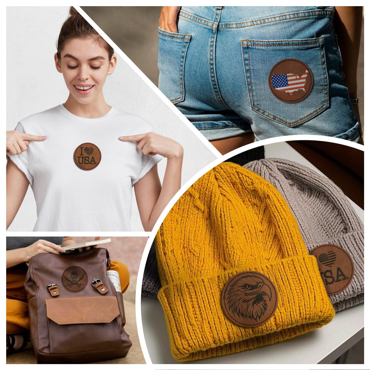 J.CARP 64Pcs Blank Leatherette Hat Patches with Adhesive, Iron on Leather Patches for Hats, Laser Engraving Heat Press Leather Patch for Fabric Clothes Repair Repair Brown Round