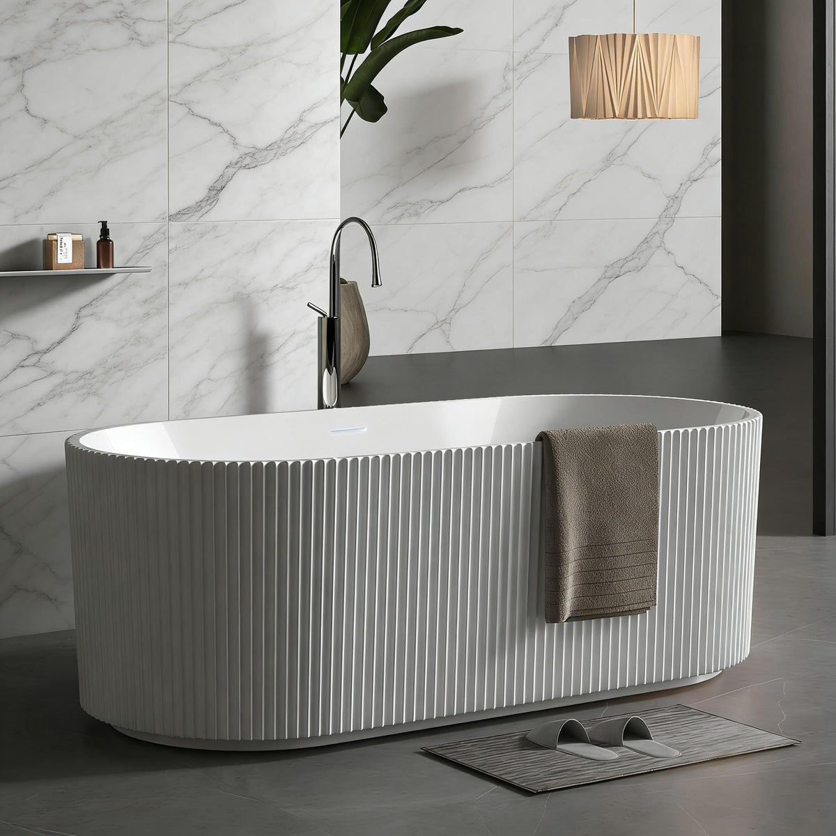 59" Free Standing Tub, Acrylic Soaking Bathtub, Stand Alone Freestanding Tub with Matte Sliver Drain and Overflow, Contemporary Bathtub for Bathroom, Pleated Gloss White