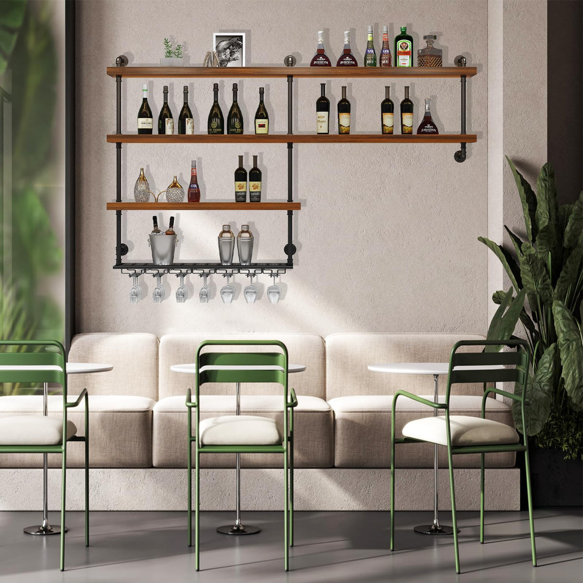 TAUODUYY 59.1in Large Wine Rack with LED Light, 4 Tiers Solid Wood Wall Mounted Wine Rack, Industrial Liquor Bottles Floating Shelves with Glass Holder for Home Bar/Dining Room (59.1in/150cm)