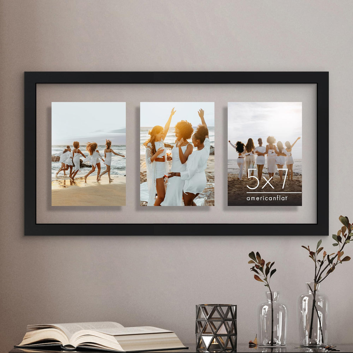 Americanflat 5x7 Picture Frame Collage with Shatter-Resistant Glass - Fits Three 5x7 Photos or use as One 10x20 Picture Frame - Signature Collection - Collage Frames with Floating Effect - Black