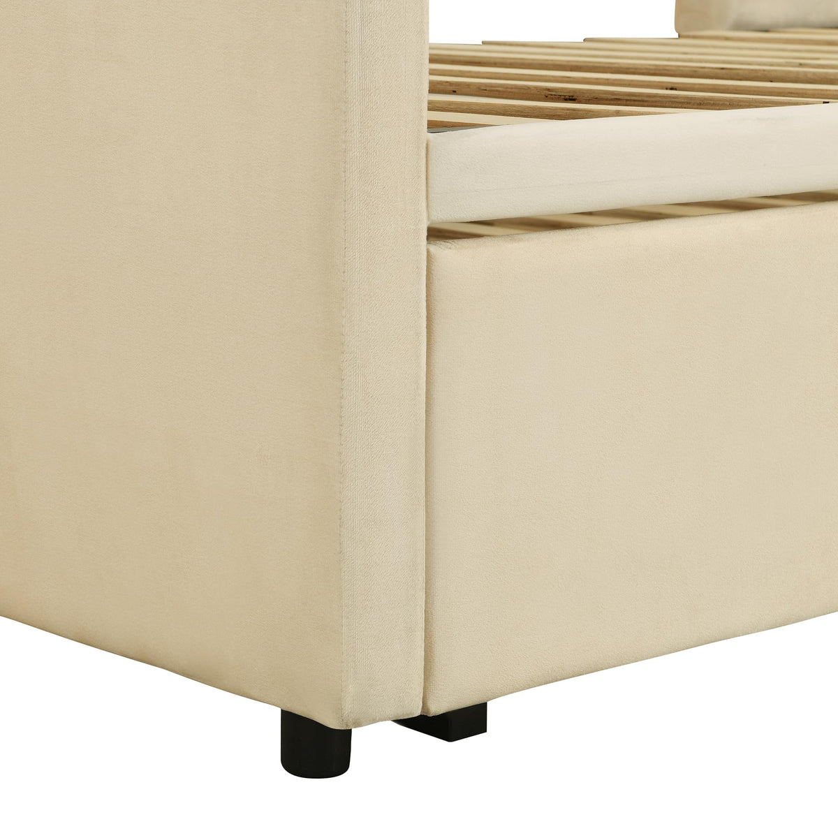KTATK Twin Size Velvet Upholstered Daybed with Pop Up Trundle,Extendable Wooden Bed Frame,W/Backrest and Armrests,Twin-Size to King-Size,for Living Room Apartment,Beige